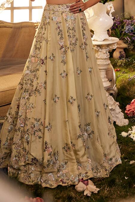Sunita Bhandari Green Tulle, Silk Embroidery, Beads Round Enchanted Garden Floral Lehenga Set Online at Aza Fashions Sunita Bhandari_Green Tulle, Silk Embroidery, Beads Round Enchanted Garden Floral Lehenga Set _Online_at_Aza_Fashions