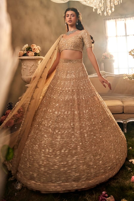 Sunita Bhandari Gold Tulle, Silk Sequins, Beads, Cut Work Hour Embroidered Lehenga Set Online at Aza Fashions Sunita Bhandari_Gold Tulle, Silk Sequins, Beads, Cut Work Hour Embroidered Lehenga Set _Online_at_Aza_Fashions