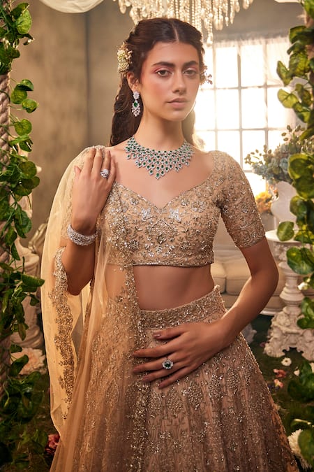 Buy Sunita Bhandari Gold Tulle, Silk Sequins, Beads, Cut Work Hour Embroidered Lehenga Set Online at Aza Fashions Buy_Sunita Bhandari_Gold Tulle, Silk Sequins, Beads, Cut Work Hour Embroidered Lehenga Set _Online_at_Aza_Fashions