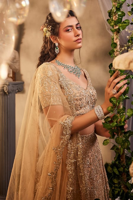 Shop Sunita Bhandari Gold Tulle, Silk Sequins, Beads, Cut Work Hour Embroidered Lehenga Set Online at Aza Fashions Shop_Sunita Bhandari_Gold Tulle, Silk Sequins, Beads, Cut Work Hour Embroidered Lehenga Set _Online_at_Aza_Fashions