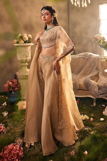 Shop Sunita Bhandari Beige Organza Pearls, Cut Work Round Incandescene Embroidered Cape Sharara Set at Aza Fashions Shop_Sunita Bhandari_Beige Organza Pearls, Cut Work Round Incandescene Embroidered Cape Sharara Set _at_Aza_Fashions