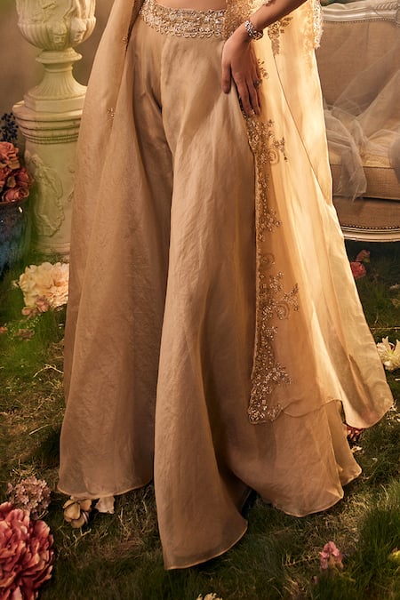 Sunita Bhandari Beige Organza Pearls, Cut Work Round Incandescene Embroidered Cape Sharara Set Online at Aza Fashions Sunita Bhandari_Beige Organza Pearls, Cut Work Round Incandescene Embroidered Cape Sharara Set _Online_at_Aza_Fashions