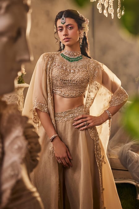 Buy Sunita Bhandari Beige Organza Pearls, Cut Work Round Incandescene Embroidered Cape Sharara Set Online at Aza Fashions Buy_Sunita Bhandari_Beige Organza Pearls, Cut Work Round Incandescene Embroidered Cape Sharara Set _Online_at_Aza_Fashions