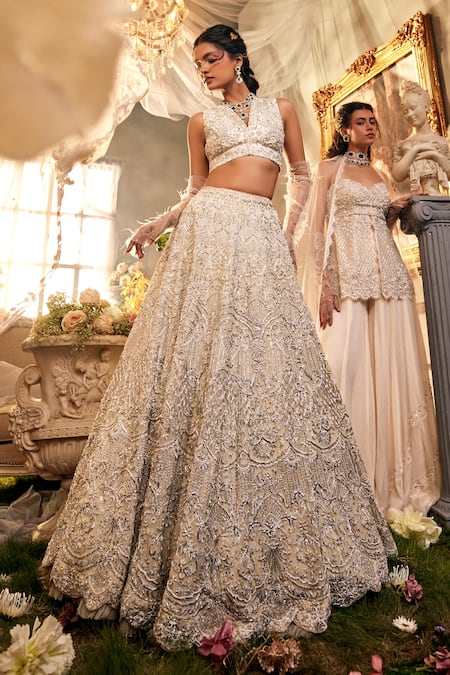 Sunita Bhandari Ivory Upada And Tulle Embroidered Bead V Neck Lumina Lehenga Set 