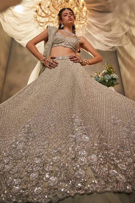 Shop Sunita Bhandari Green Satin, Organza Beads, Embroidery, Pearls, Mirage And Thread Lehenga Set at Aza Fashions Shop_Sunita Bhandari_Green Satin, Organza Beads, Embroidery, Pearls, Mirage And Thread Lehenga Set _at_Aza_Fashions