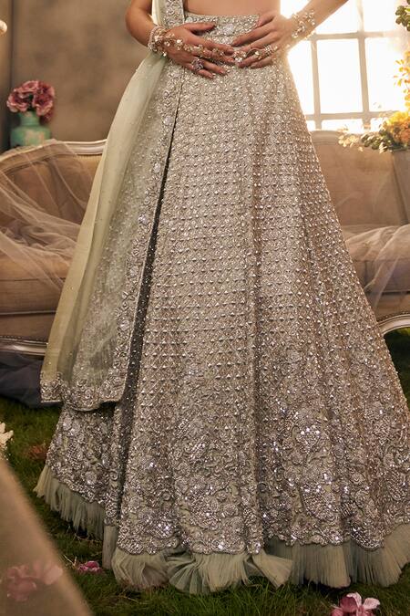 Sunita Bhandari Green Satin, Organza Beads, Embroidery, Pearls, Mirage And Thread Lehenga Set Online at Aza Fashions Sunita Bhandari_Green Satin, Organza Beads, Embroidery, Pearls, Mirage And Thread Lehenga Set _Online_at_Aza_Fashions