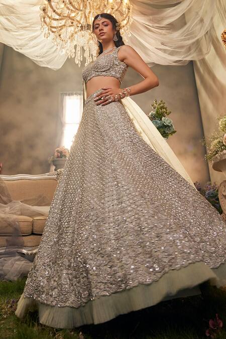 Buy Sunita Bhandari Green Satin, Organza Beads, Embroidery, Pearls, Mirage And Thread Lehenga Set Online at Aza Fashions Buy_Sunita Bhandari_Green Satin, Organza Beads, Embroidery, Pearls, Mirage And Thread Lehenga Set _Online_at_Aza_Fashions