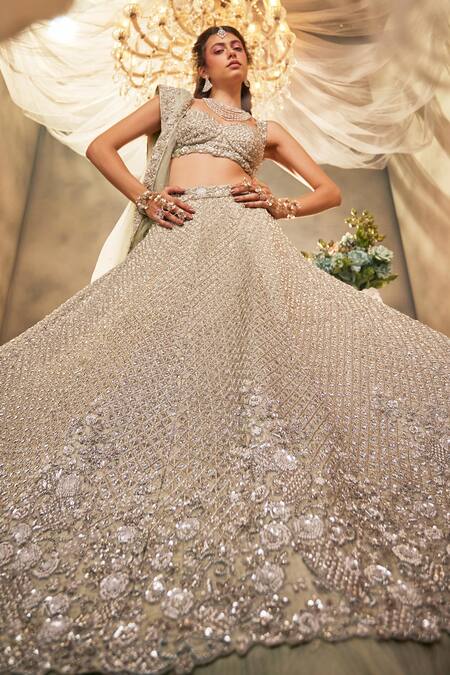 Shop Sunita Bhandari Green Satin, Organza Beads, Embroidery, Pearls, Mirage And Thread Lehenga Set Online at Aza Fashions Shop_Sunita Bhandari_Green Satin, Organza Beads, Embroidery, Pearls, Mirage And Thread Lehenga Set _Online_at_Aza_Fashions