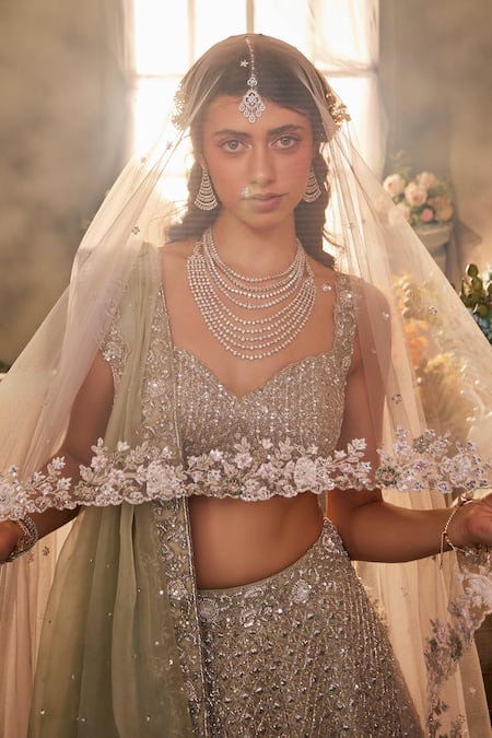 Sunita Bhandari Green Satin, Organza Beads, Embroidery, Pearls, Mirage And Thread Lehenga Set at Aza Fashions Sunita Bhandari_Green Satin, Organza Beads, Embroidery, Pearls, Mirage And Thread Lehenga Set _at_Aza_Fashions