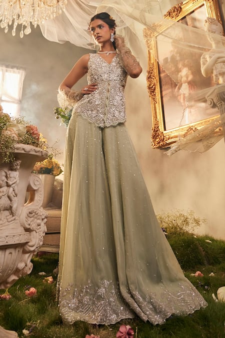 Shop Sunita Bhandari Green Tulle, Viscose Pearls, Sequins Moonlit Embroidered Peplum Top Sharara Set at Aza Fashions Shop_Sunita Bhandari_Green Tulle, Viscose Pearls, Sequins Moonlit Embroidered Peplum Top Sharara Set _at_Aza_Fashions