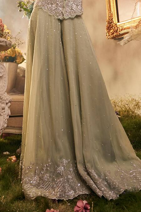 Sunita Bhandari Green Tulle, Viscose Pearls, Sequins Moonlit Embroidered Peplum Top Sharara Set Online at Aza Fashions Sunita Bhandari_Green Tulle, Viscose Pearls, Sequins Moonlit Embroidered Peplum Top Sharara Set _Online_at_Aza_Fashions