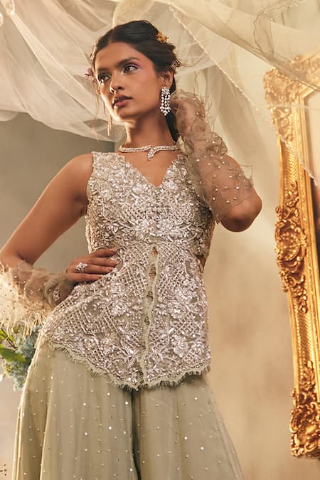 Buy Sunita Bhandari Green Tulle, Viscose Pearls, Sequins Moonlit Embroidered Peplum Top Sharara Set Online at Aza Fashions Buy_Sunita Bhandari_Green Tulle, Viscose Pearls, Sequins Moonlit Embroidered Peplum Top Sharara Set _Online_at_Aza_Fashions