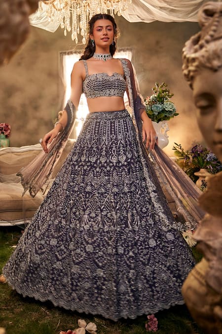 Sunita Bhandari Purple Upada And Tulle Embroidered Cutdana Sweetheart Nightfall Lehenga Set 