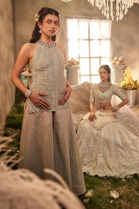 Sunita Bhandari_Blue Tulle, Cotton Sequins, Cut Radiance Embroidered Short Kurta Sharara Set _Online_at_Aza_Fashions