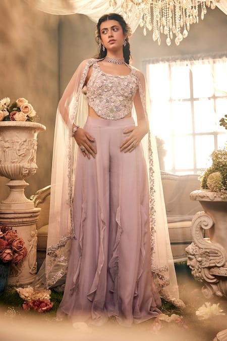 Sunita Bhandari Purple Viscose Organza Embroidered Pearl V Neck Seraphine Corset Sharara Set 