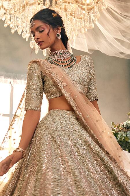 Sunita Bhandari_Blue Tulle, Silk Sequins, Embroidery Asymmetric Spectra Lehenga Set _Online_at_Aza_Fashions