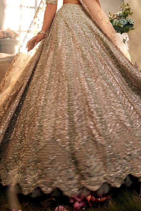 Buy_Sunita Bhandari_Blue Tulle, Silk Sequins, Embroidery Asymmetric Spectra Lehenga Set _Online_at_Aza_Fashions