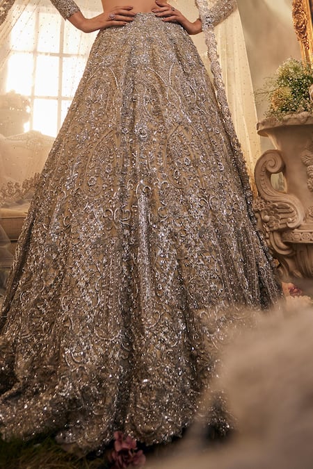 Sunita Bhandari_Beige Tulle, Silk Sequins, Beads, Embroidery Round Neck Starlit Lehenga Set _Online_at_Aza_Fashions