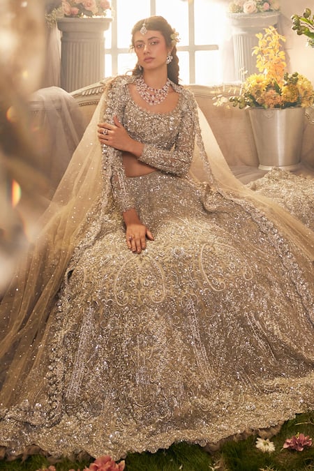 Buy_Sunita Bhandari_Beige Tulle, Silk Sequins, Beads, Embroidery Round Neck Starlit Lehenga Set _Online_at_Aza_Fashions