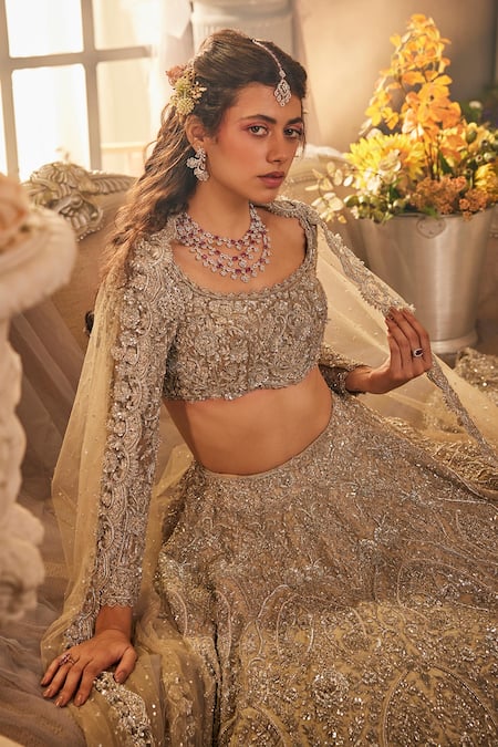 Shop_Sunita Bhandari_Beige Tulle, Silk Sequins, Beads, Embroidery Round Neck Starlit Lehenga Set _Online_at_Aza_Fashions