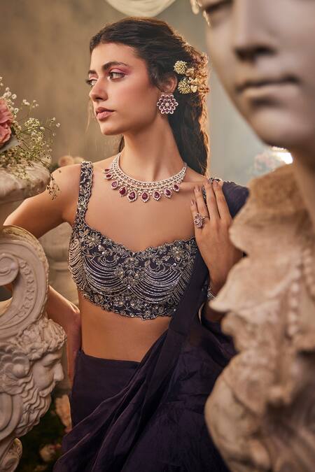 Sunita Bhandari_Blue Satin, , Silk Twilight Pre-draped Saree With Blouse _Online_at_Aza_Fashions