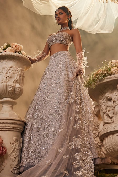 Sunita Bhandari Purple Tulle, Silk Sequins, Embroidery Sweetheart Neck Unfurled Lehenga Set Online at Aza Fashions Sunita Bhandari_Purple Tulle, Silk Sequins, Embroidery Sweetheart Neck Unfurled Lehenga Set _Online_at_Aza_Fashions