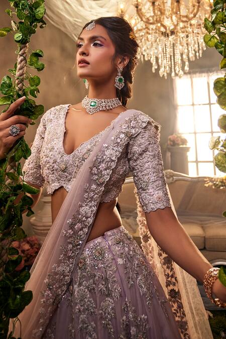 Sunita Bhandari_Purple Tulle, Viscose, Organza Sequins, Cut Work, Embroidery Zaraya Lehenga Set _Online_at_Aza_Fashions