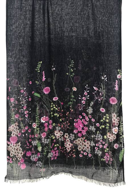 Pashma_Black Floral Night Of Wildflowers Silk Cashmere Scarf _Online_at_Aza_Fashions
