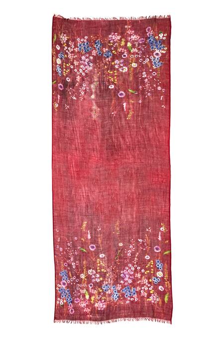 Buy Pashma Red Floral Bordeaux Wildflowers Silk Cashmere Scarf Online at Aza Fashions Buy_Pashma_Red Floral Bordeaux Wildflowers Silk Cashmere Scarf _Online_at_Aza_Fashions