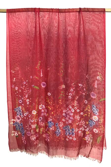 Shop Pashma Red Floral Bordeaux Wildflowers Silk Cashmere Scarf Online at Aza Fashions Shop_Pashma_Red Floral Bordeaux Wildflowers Silk Cashmere Scarf _Online_at_Aza_Fashions