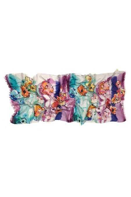 Pashma_Blue Floral Daisy Pattern Silk Cashmere Scarf _Online_at_Aza_Fashions