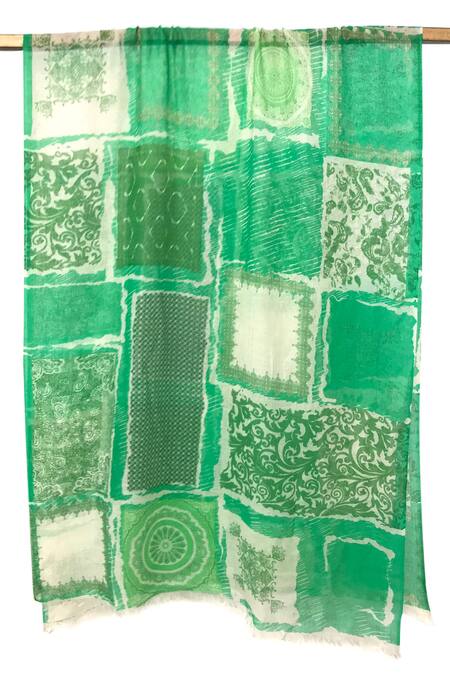 Buy_Pashma_Green Geometric Paisley Motif Pattern Silk Cashmere Scarf _Online_at_Aza_Fashions