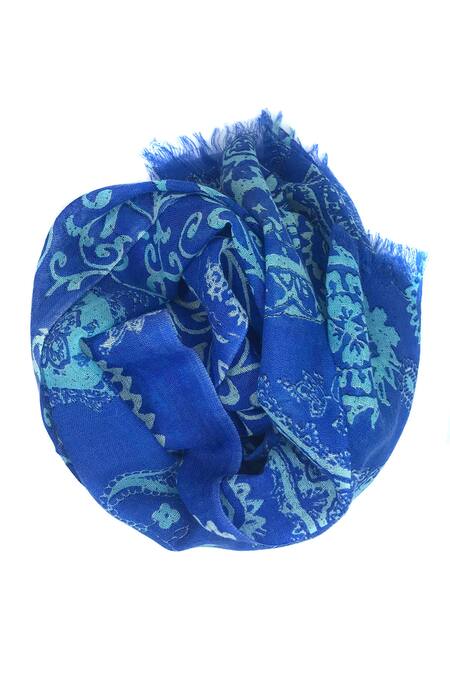 Pashma_Blue Paisley Floral Motif Pattern Silk Cashmere Scarf _Online_at_Aza_Fashions