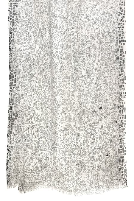 Pashma_White Geometric Abstract Silk Cashmere Scarf _at_Aza_Fashions