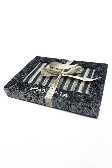 Pashma_Black Stripe Silk Linen Pattern Scarf _Online_at_Aza_Fashions