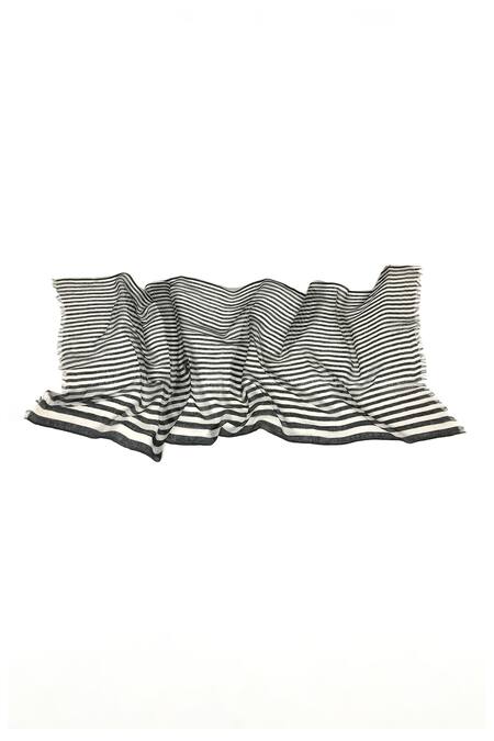 Shop_Pashma_Black Stripe Silk Linen Pattern Scarf _Online_at_Aza_Fashions