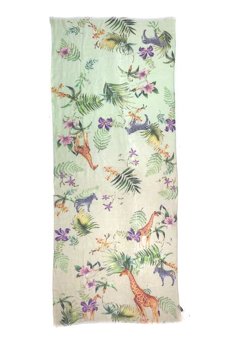 Pashma_Green Flora And Fauna Linen Scarf _Online_at_Aza_Fashions