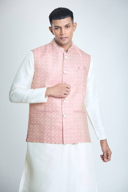 Arihant Rai Sinha Off White Jacquard, Silk Geometric Woven Bundi And Kurta Set at Aza Fashions Arihant Rai Sinha_Off White Jacquard, Silk Geometric Woven Bundi And Kurta Set_at_Aza_Fashions