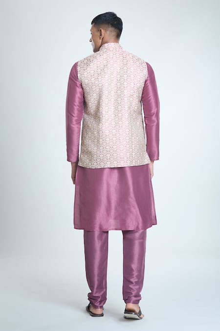 Shop Arihant Rai Sinha Wine Jacquard, Silk Embroidery Scallop Woven Bundi And Kurta Set at Aza Fashions Shop_Arihant Rai Sinha_Wine Jacquard, Silk Embroidery Scallop Woven Bundi And Kurta Set_at_Aza_Fashions