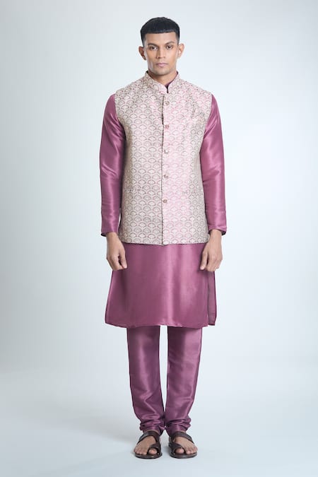 Shop Arihant Rai Sinha Wine Jacquard, Silk Embroidery Scallop Woven Bundi And Kurta Set Online at Aza Fashions Shop_Arihant Rai Sinha_Wine Jacquard, Silk Embroidery Scallop Woven Bundi And Kurta Set_Online_at_Aza_Fashions