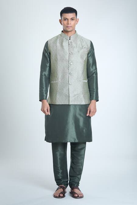 Arihant Rai Sinha_Green Jacquard, Silk Embroidery Leaf Woven Bundi And Kurta Set_Online_at_Aza_Fashions