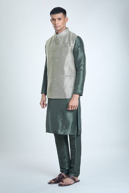 Buy_Arihant Rai Sinha_Green Jacquard, Silk Embroidery Leaf Woven Bundi And Kurta Set_Online_at_Aza_Fashions