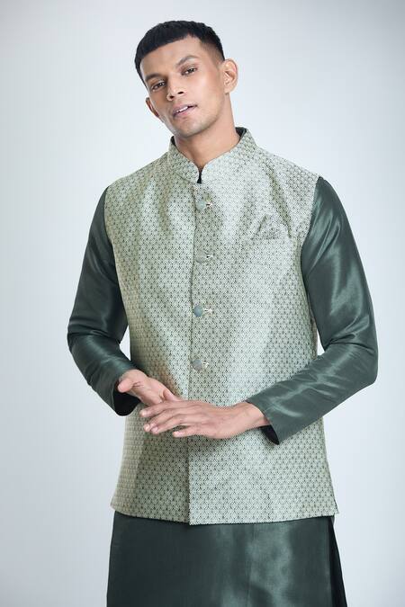 Shop_Arihant Rai Sinha_Green Jacquard, Silk Embroidery Leaf Woven Bundi And Kurta Set_Online_at_Aza_Fashions
