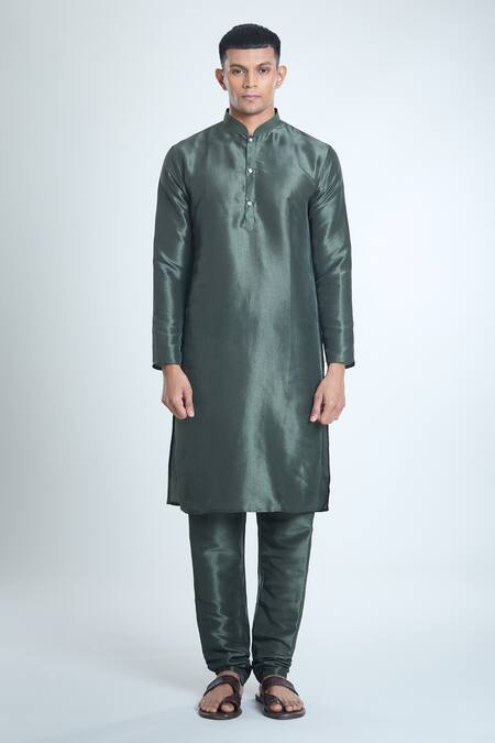 Arihant Rai Sinha_Green Jacquard, Silk Embroidery Leaf Woven Bundi And Kurta Set_at_Aza_Fashions