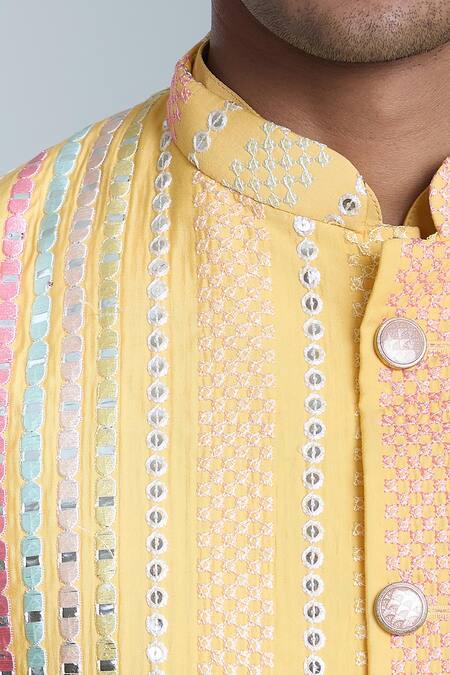 Buy_Arihant Rai Sinha_Yellow Silk Mirrors, Sequins, Embroidery Work Bundi And Kurta Set_Online_at_Aza_Fashions