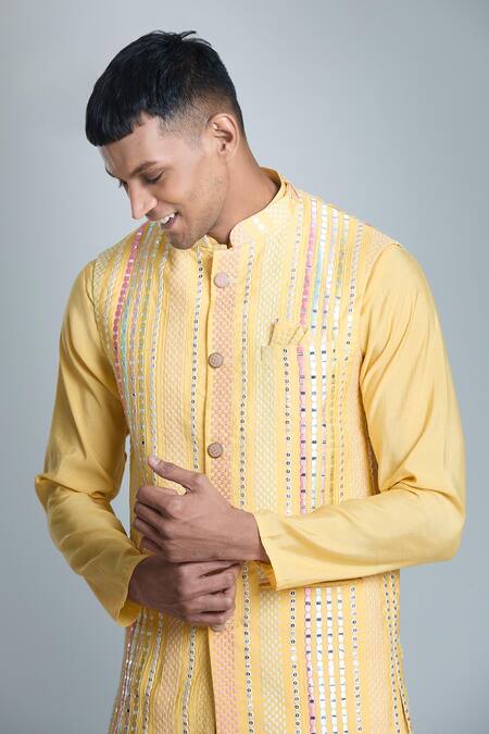 Arihant Rai Sinha_Yellow Silk Mirrors, Sequins, Embroidery Work Bundi And Kurta Set_at_Aza_Fashions