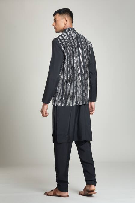 Shop Arihant Rai Sinha Black Silk Mirrors, Sequins Stripe Embroidered Bundi And Kurta Set at Aza Fashions Shop_Arihant Rai Sinha_Black Silk Mirrors, Sequins Stripe Embroidered Bundi And Kurta Set_at_Aza_Fashions