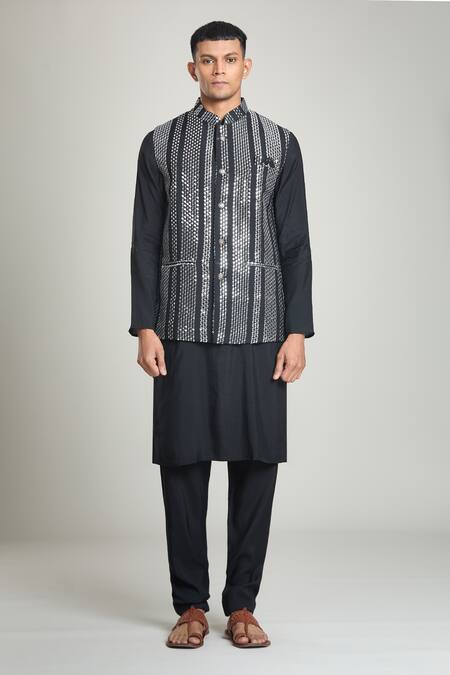Shop Arihant Rai Sinha Black Silk Mirrors, Sequins Stripe Embroidered Bundi And Kurta Set Online at Aza Fashions Shop_Arihant Rai Sinha_Black Silk Mirrors, Sequins Stripe Embroidered Bundi And Kurta Set_Online_at_Aza_Fashions