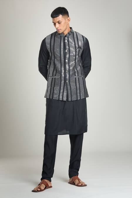 Arihant Rai Sinha Black Silk Mirrors, Sequins Stripe Embroidered Bundi And Kurta Set at Aza Fashions Arihant Rai Sinha_Black Silk Mirrors, Sequins Stripe Embroidered Bundi And Kurta Set_at_Aza_Fashions