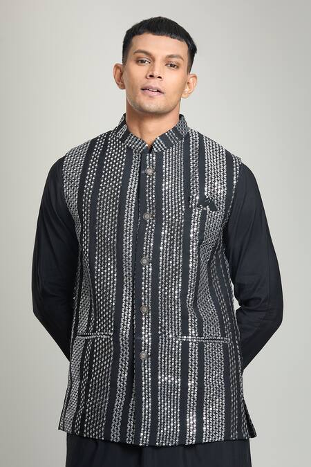 Buy Arihant Rai Sinha Black Silk Mirrors, Sequins Stripe Embroidered Bundi And Kurta Set Buy_Arihant Rai Sinha_Black Silk Mirrors, Sequins Stripe Embroidered Bundi And Kurta Set